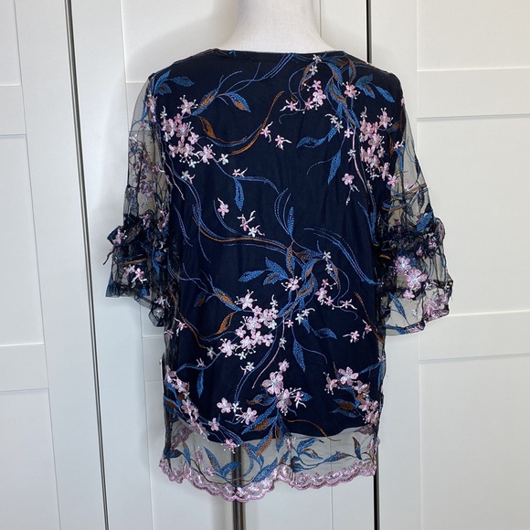 Nanette Lepore Spring Bloom Dark Navy Multi Floral Embroidered Ruffle Blouse M - Picture 5 of 6
